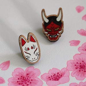 Japanese Yōkai mask pins / kitsune fox and oni mask wooden pins