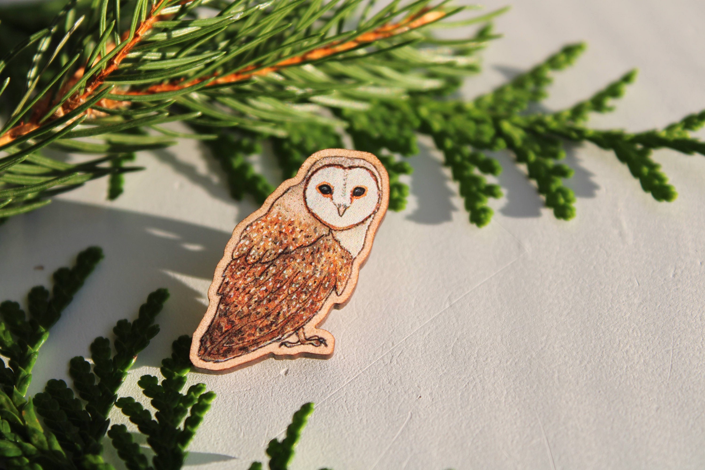 Wooden barn owl pin
