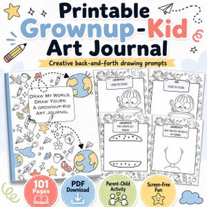 May include: A printable art journal titled Draw My World, Draw Yours: A Grownup-Kid Art Journal, featuring 101 pages of creative drawing prompts. The cover and interior pages include black and white line art illustrations of globes, stars, and rockets.
