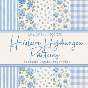 May include: A digital paper pack featuring various blue and white patterns, including stripes, polka dots, and floral designs. The text "Heirloom Hydrangea Patterns" is displayed, along with the dimensions 16 x 16 inches and 300 DPI.