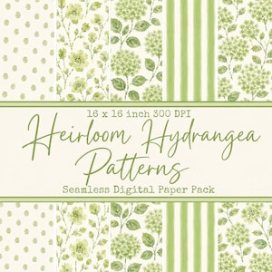 May include: Digital paper pack featuring various patterns with a floral theme. The designs include polka dots, floral sprigs, hydrangea blooms, and vertical stripes in shades of green and white. The text reads "Heirloom Hydrangea Patterns" and "Seamless Digital Paper Pack."
