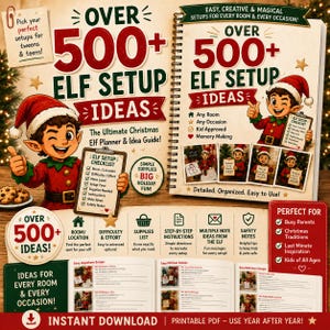 以下が含まれることがあります： Over 500+ Elf Setup Ideasというタイトルのスパイラル綴じのクリスマスエルフプランナー兼アイデアガイド。表紙には漫画のエルフ、チェックリスト、部屋、難易度、備品、安全に関するアイコンが描かれています。ページにはホリデーセットアップの手順が記載されています。
