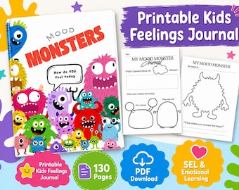 May include: A printable kids feelings journal titled Mood Monsters featuring a colorful cover with various cartoon monsters, two interior activity pages with black and white line art, and text indicating 130 pages and PDF download.
