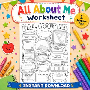 May include: An All About Me worksheet featuring black and white line art with prompts for birthday, favourite colour, animal, food, and self-portrait. The page includes a yellow circle badge stating 1 Printable Page and an instant download banner.