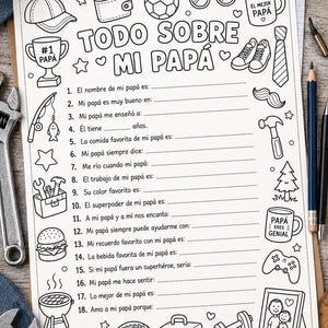 May include: A black and white fill-in-the-blank questionnaire titled "All About My Dad" with various illustrations. The illustrations include a trophy, wallet, soccer ball, glasses, sneakers, tie, and more. The questionnaire is in Spanish.