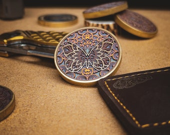 Multicoloured Butterfly mandala coin