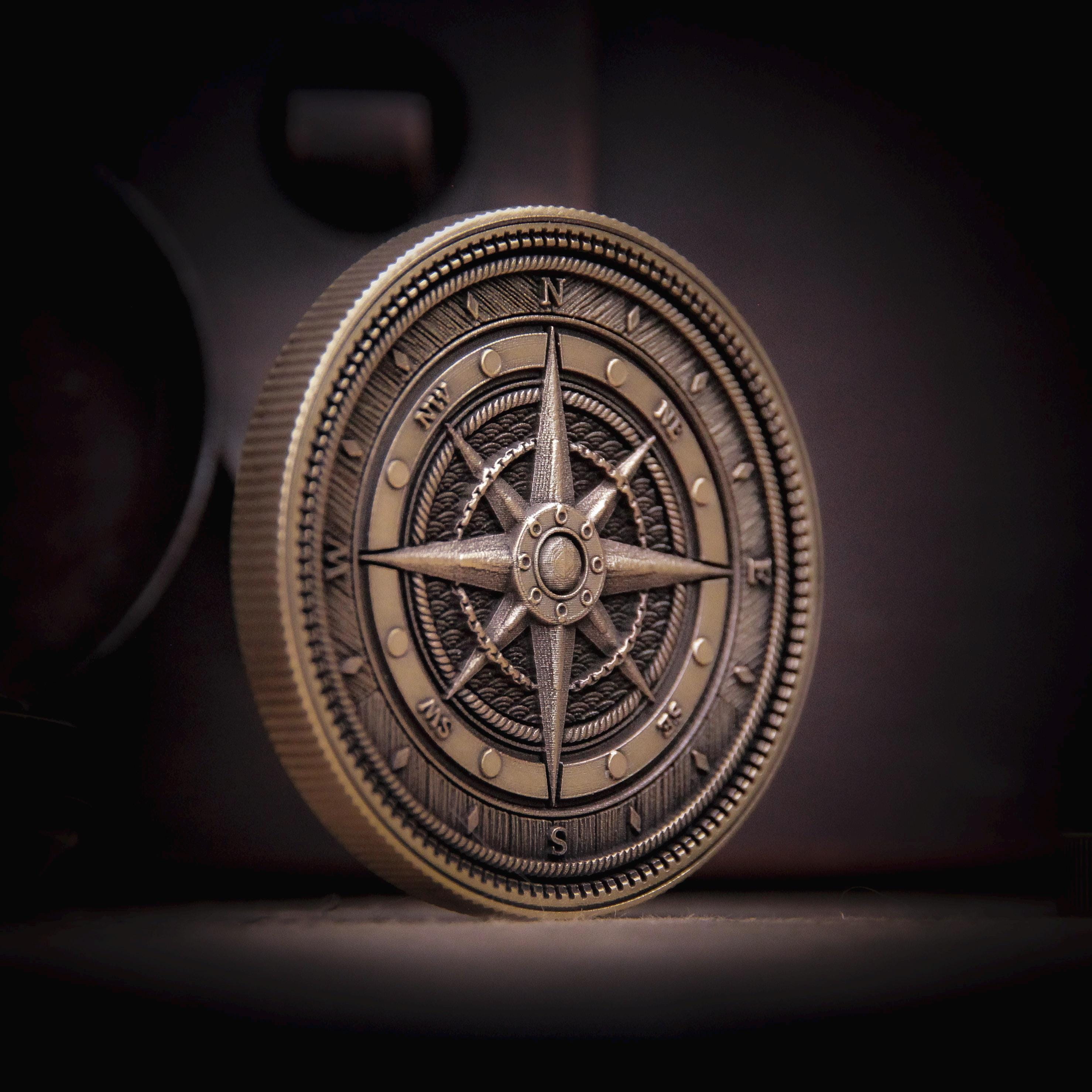 Fidget Compass Solid Brass Pirate Coin: Compass & Kraken Design, EDC Fidget - Etsy