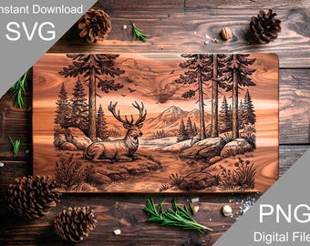 Engraved Deer Landscape Cutting Board SVG, Nature Scene Charcuterie Board Laser File (Digital)