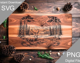 Engraved Deer Landscape Cutting Board SVG, Nature Scene Charcuterie Board Laser File (Digital)