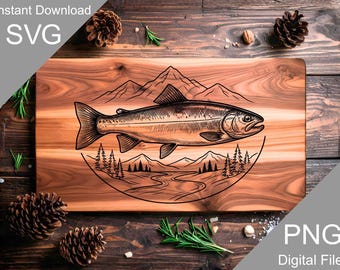 Engraved Trout Mountain Landscape Cutting Board SVG, Fishing Nature Scene Charcuterie Board Laser File (Digital)