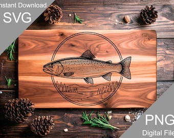 Engraved Trout Mountain Landscape Cutting Board SVG, Fishing Nature Scene Charcuterie Board Laser File (Digital)