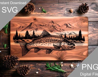 Engraved Trout Mountain Landscape Cutting Board SVG, Fishing Nature Scene Charcuterie Board Laser File (Digital)