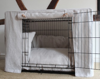 Dog Crate Covers and Sets (Cover, Bed & Bumper) Made-to-Measure, Custom designs, Linen, Washable.