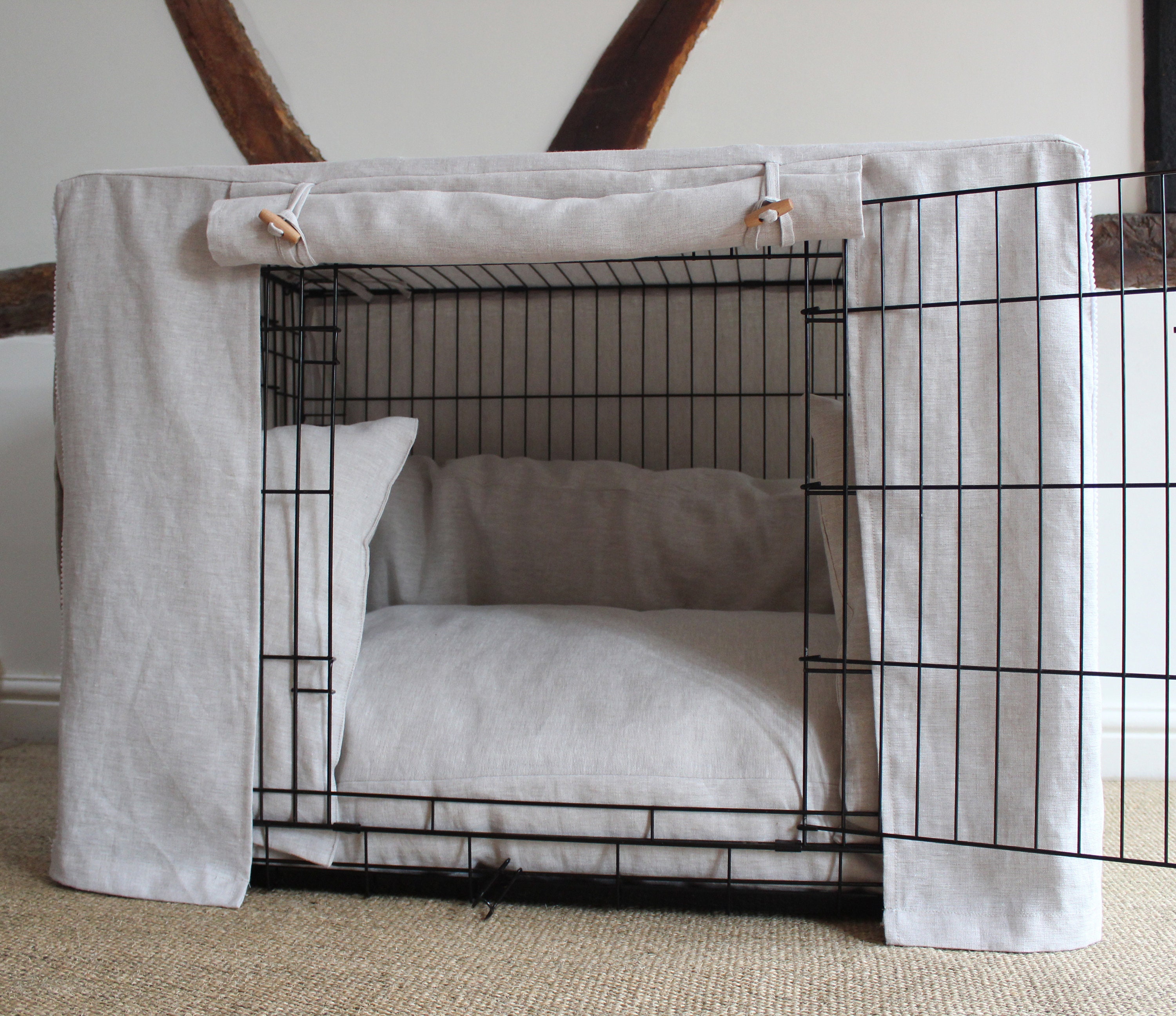 Dog Crate Covers and Sets (Cover, Bed & Bumper) Made-to-Measure, Custom designs, Linen, Washable.