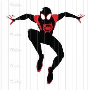 May include: A black and red silhouette of Spider-Man in a jumping pose. The character is wearing a black suit with red accents and a spider logo on the chest.