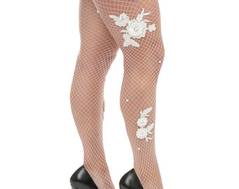 Bas résille blanc ou résille noir serré avec appliqué floral Floral Fishnet Rave Fishnet Coquette Vêtements Bas floral pour femmes