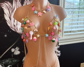 Cutesy Candy Rainbow Trinket Gold Chain Bra