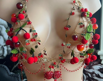 Custom Cherry Charm Bra Rave Cherry Top EDM Festival Outfit Cherry Necklace Customizable Cherry Red and Green Top Cherry Jewelry Gold Chain