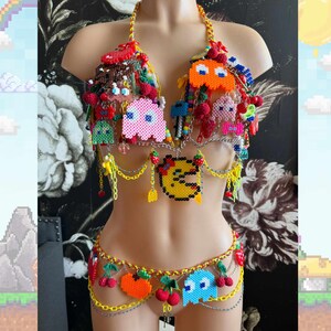 Custom Perler Video Game Charm Top Raver Girl Rave Perler Accessories Pac Video Game Theme Festival Fashion One of a Kind Set 80s Outfit