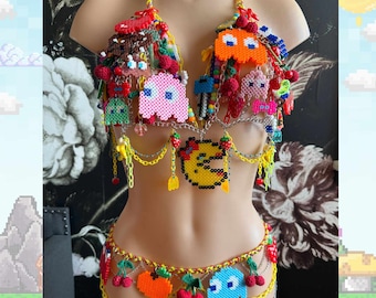 Custom Perler Video Game Charm Top Raver Girl Rave Perler Accessories Pac Video Game Theme Festival Fashion One of a Kind Set 80s Outfit