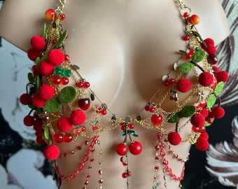 Custom Cherry Charm Bra Rave Cherry Top EDM Festival Outfit Cherry Necklace Customizable Cherry Red and Green Top Cherry Jewelry Gold Chain