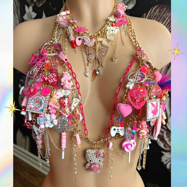 Custom Charm Belly Chain Rave Bra Top Rave Set Festival Charm Statement Jewelry Handmade Chain Festival Set Y2k Candy Charm Accessories Rave