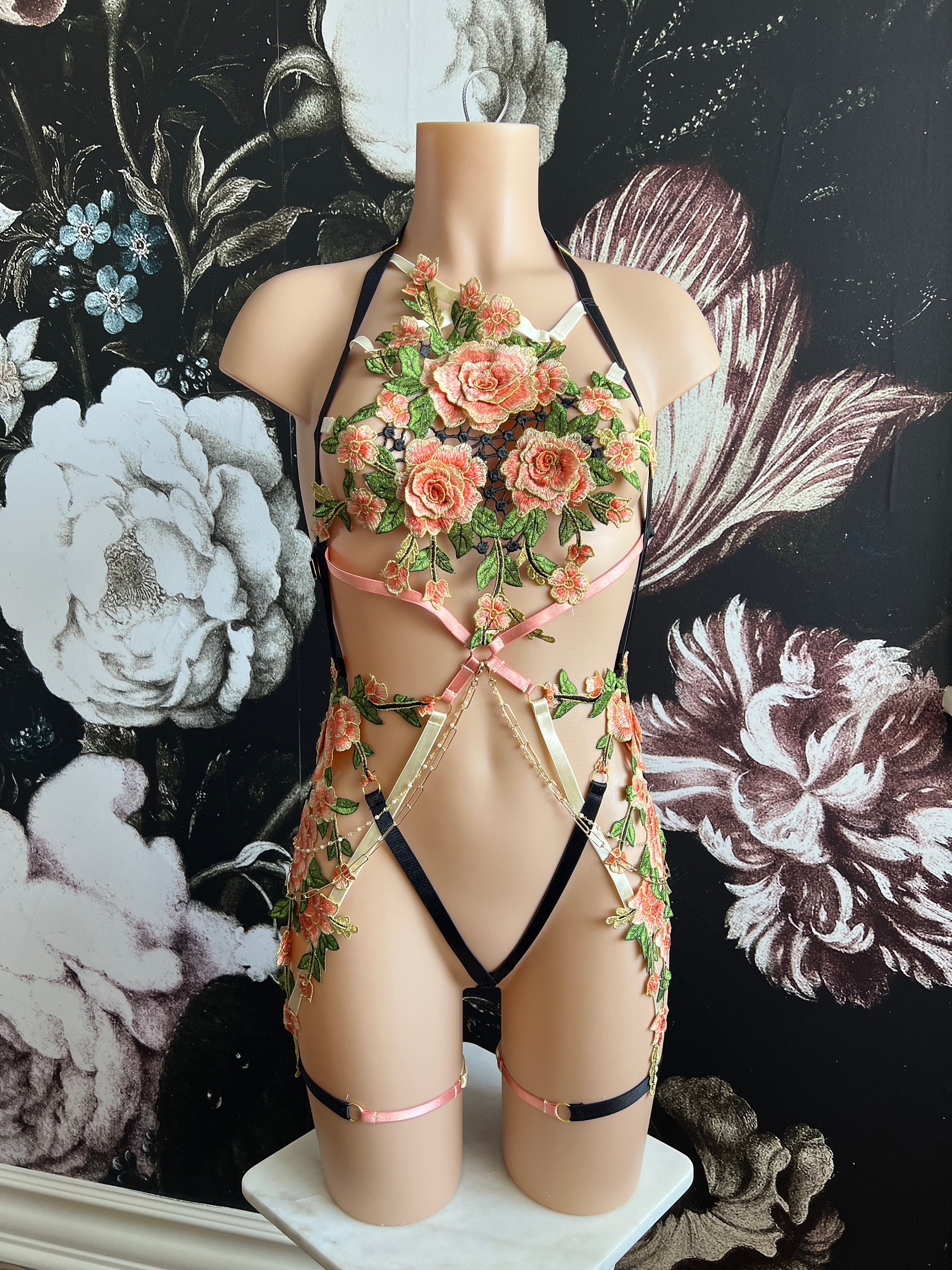 Handmade Katana Floral Strappy Body Harness Lingerie With