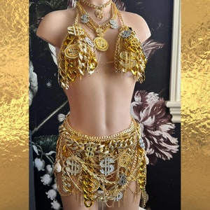 Custom Request 90s Gold Chain Rhinestone Bra Rave Top Festival Outfit Gold Bra Jewelry Gold Outfit Gold Chain HipHop Dollar Sign Charm