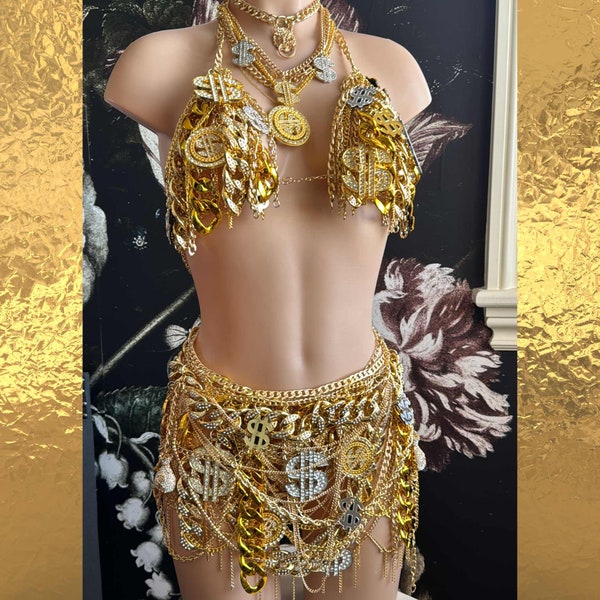 Custom Request 90s Gold Chain Rhinestone Bra Rave Top Festival Outfit Gold Bra Jewelry Gold Outfit Gold Chain HipHop Dollar Sign Charm
