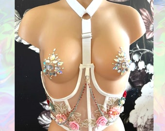 Pink Blue Red Floral Underbust Corset with Free Pair of Crystal Pasties.