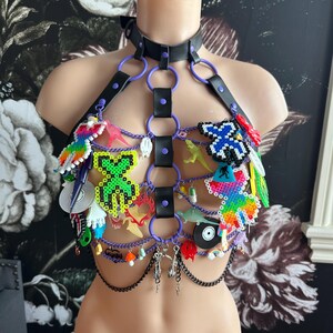 May include: A black leather and purple harness with a choker collar. The harness is adorned with colorful plastic charms, including dinosaurs, butterflies, and rainbows. Silver-colored chain and charms hang from the bottom of the harness.