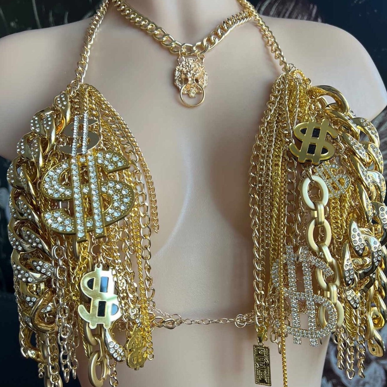 Custom Request 90s Gold Chain Rhinestone Bra Rave Top Festival Outfit Gold  Bra Jewelry Gold Outfit Gold Chain Hiphop Dollar Sign Charm 