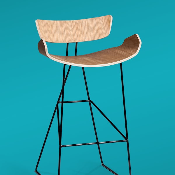 Tabouret de bar design en contreplaqué de chêne, avec pieds en métal