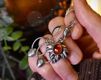 Acorn and Leaves Sterling and Fine Silver Autumn Halloween Style Necklace + Earring Set, Sunstone Elven Goblin Fairycore Green Witch Jewelry