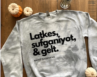 Hannukah Channukah latkes, sufganiyot, gelt tie dye sweatshirt; women's hannukah gift, channukah sweater, Happy Hannukah