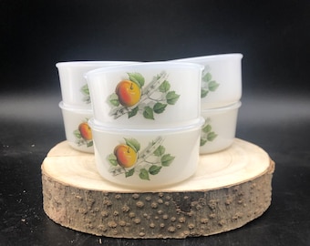 Vintage Arcopal France 'Fruits de France' set van 6 rammequins, vuurvaste schaaltjes, ovenbestendige kommen, fruitdecoraties, 1970's design.