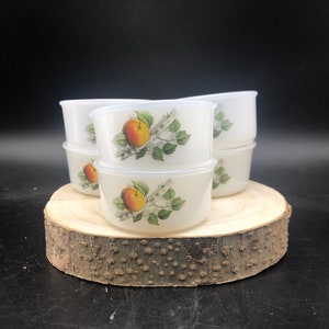 Vintage Arcopal France 'Fruits de France' set van 6 rammequins, vuurvaste schaaltjes, ovenbestendige kommen, fruitdecoraties, 1970's design.
