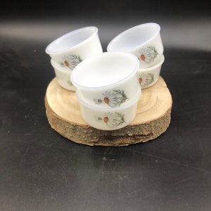 Può includere: Set di sei ramequin in ceramica bianca con un motivo floreale con margherite bianche e foglie verdi. I ramequin sono impilati su una superficie di legno.