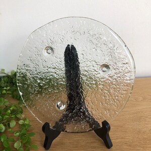 Heavy structured textured round glass bowl, coaster, candle holder, 3 feet, Scandinavian design