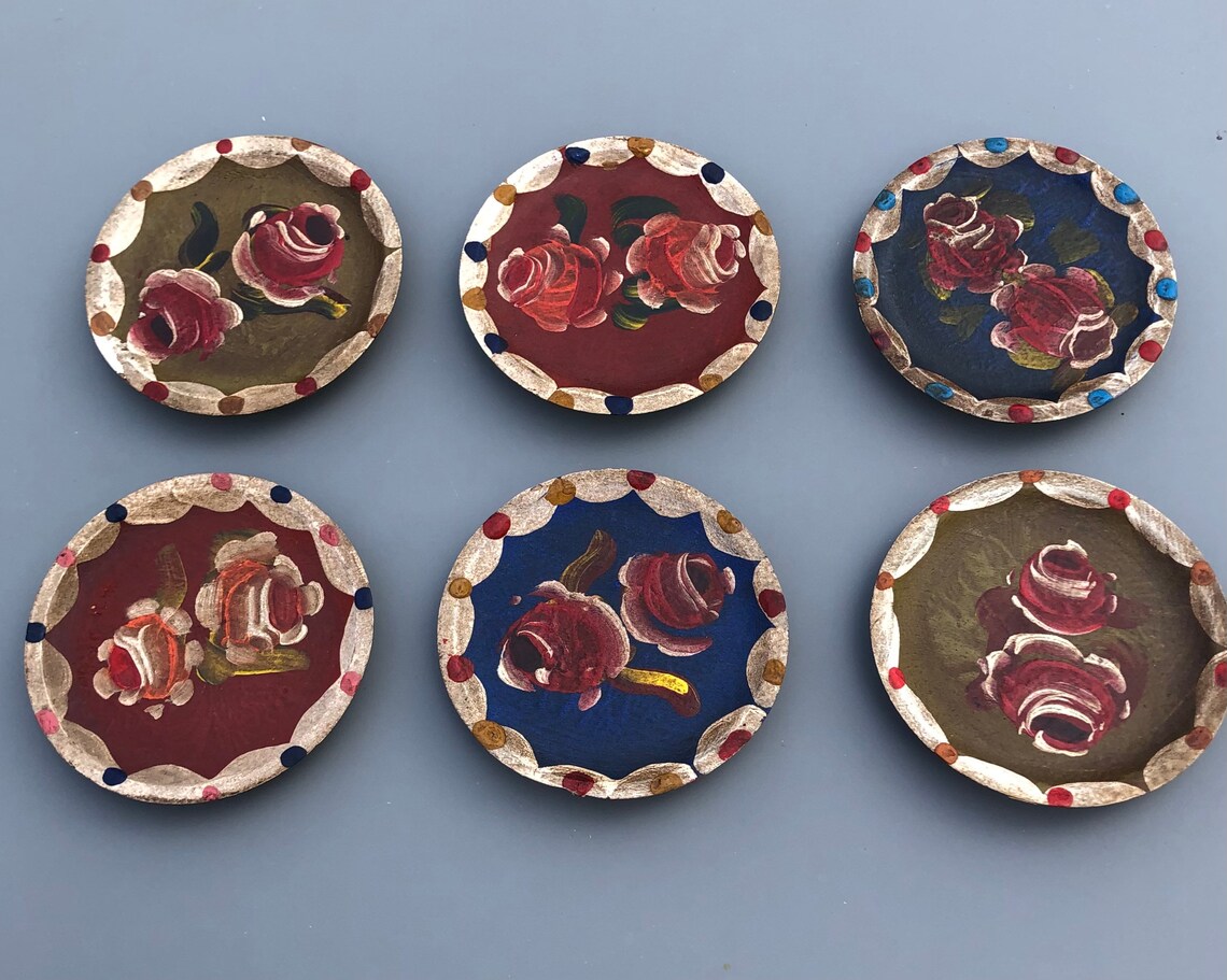 Vintage handpainted wooden coasters 6 with holder with Etsy