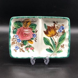 Vintage Italian White Rectangular Ceramic Nova Rose Bowl, with Hand Painted Floral Decorations