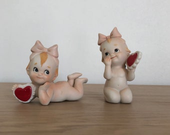 reserved Gavriella Set 2 Lefton Kewpie bisquit figurines, baby girls, large bow and red heart, Valentine gift numbered 2175 Japan