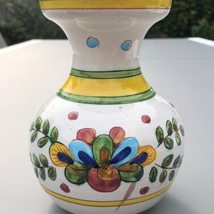 Vintage Ars Deruta Italy artisanal ceramic vase, multicolored flowers, stripes, handmade and painted, 5532/15.