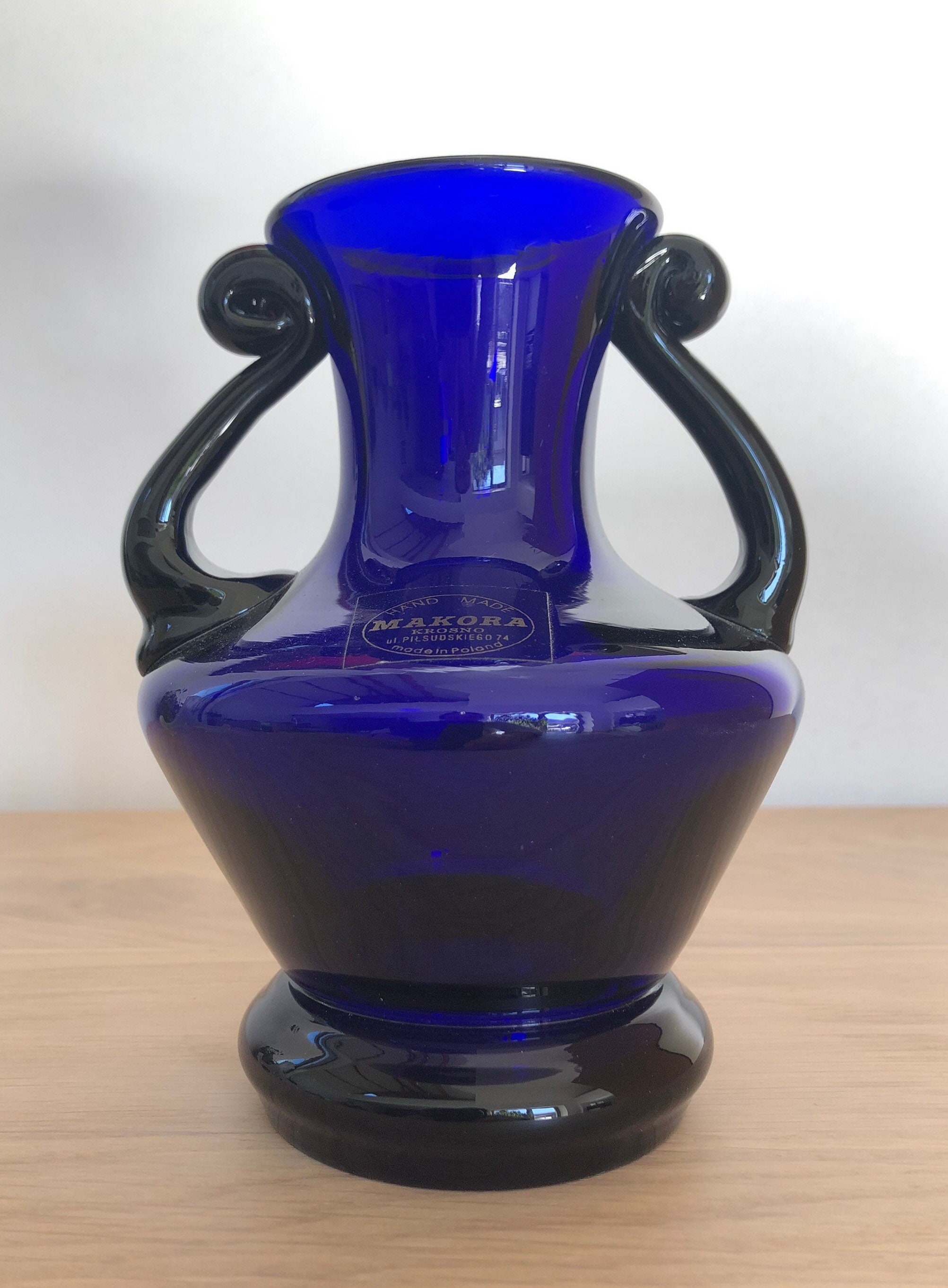 Makora Krosno Poland Cobalt Blue Vintage Glass Vase. Handmade