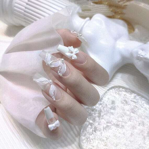 White French Wear Nail Ribbon Bow Handmade Nail Patch Etsy