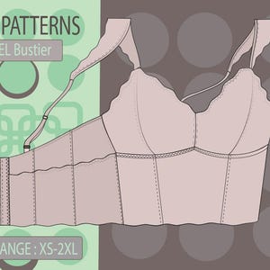 May include: A PDF pattern for a bustier, called "IZABEL Bustier". The pattern is available in sizes XS-2XL. The image shows a line drawing of the bustier, which has a lace trim and a sweetheart neckline.