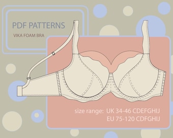Wzór szycia biustonosza plus size z pianki - Natychmiastowe pobranie pliku PDF z wzorem szycia bielizny damskiej w formacie PDF - Wzór szycia biustonosza plus size dla kobiet//32-46CDEFGHIJ