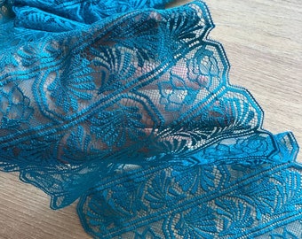 Blue topaz stretch lace with floral stripes 17 cm -Lace for bra making kit DIY-Garment & lingerie lace-Crafts sewing 17cm (6.7 in) wide