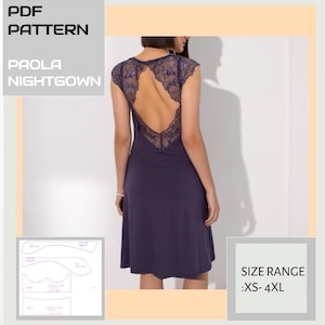 Slip dress pattern with open back - Laced details women&#39;s nightgown pattern S-4XL plus size - Bias cut dress PDF lingerie sewing pattern