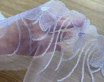 White Floral Embroidery Lace: Non-Stretch Tulle, 22cm Wide